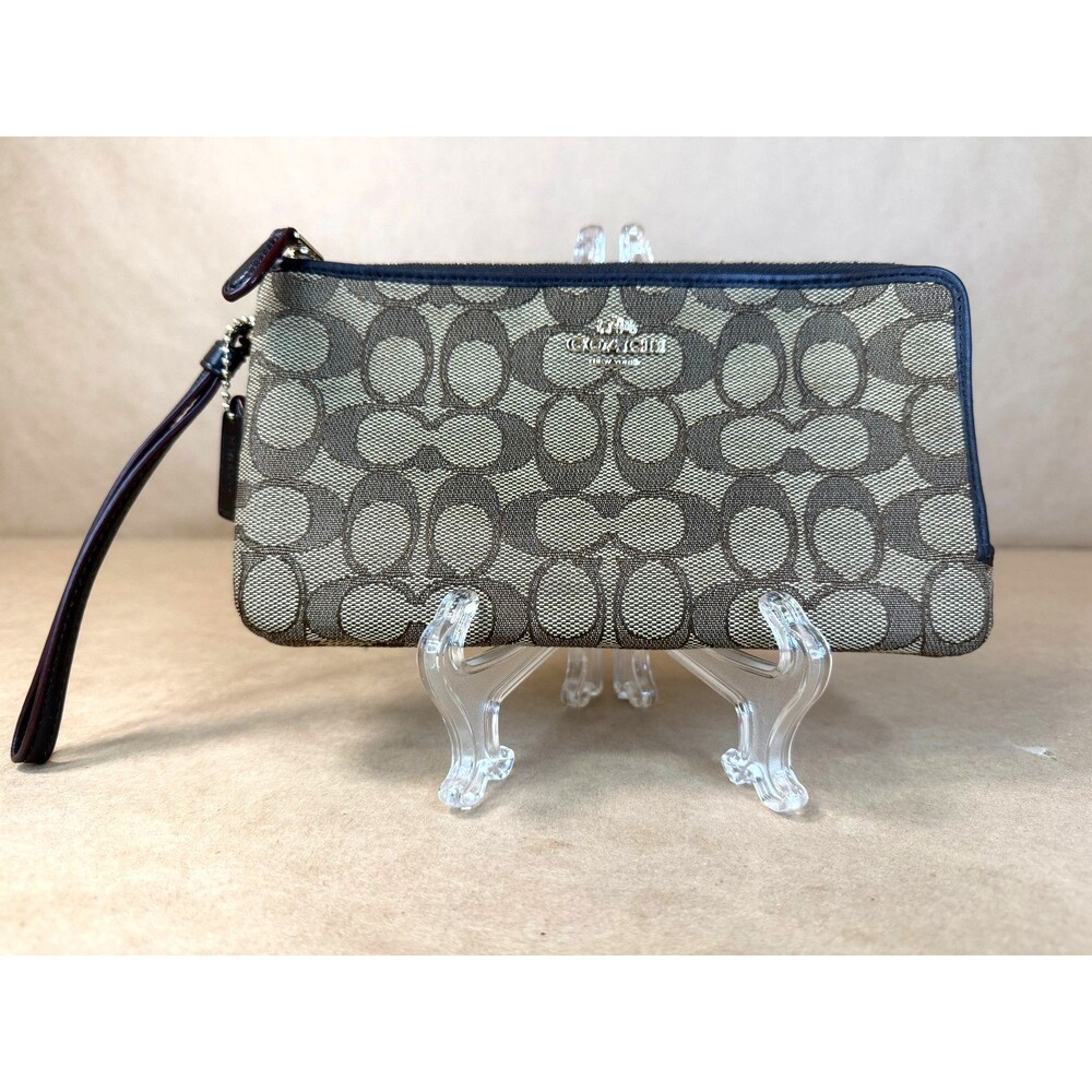 Coach Signature Khaki/Brown Canvas Leather Trim Corner Zip Wristlet AUTHENTIC